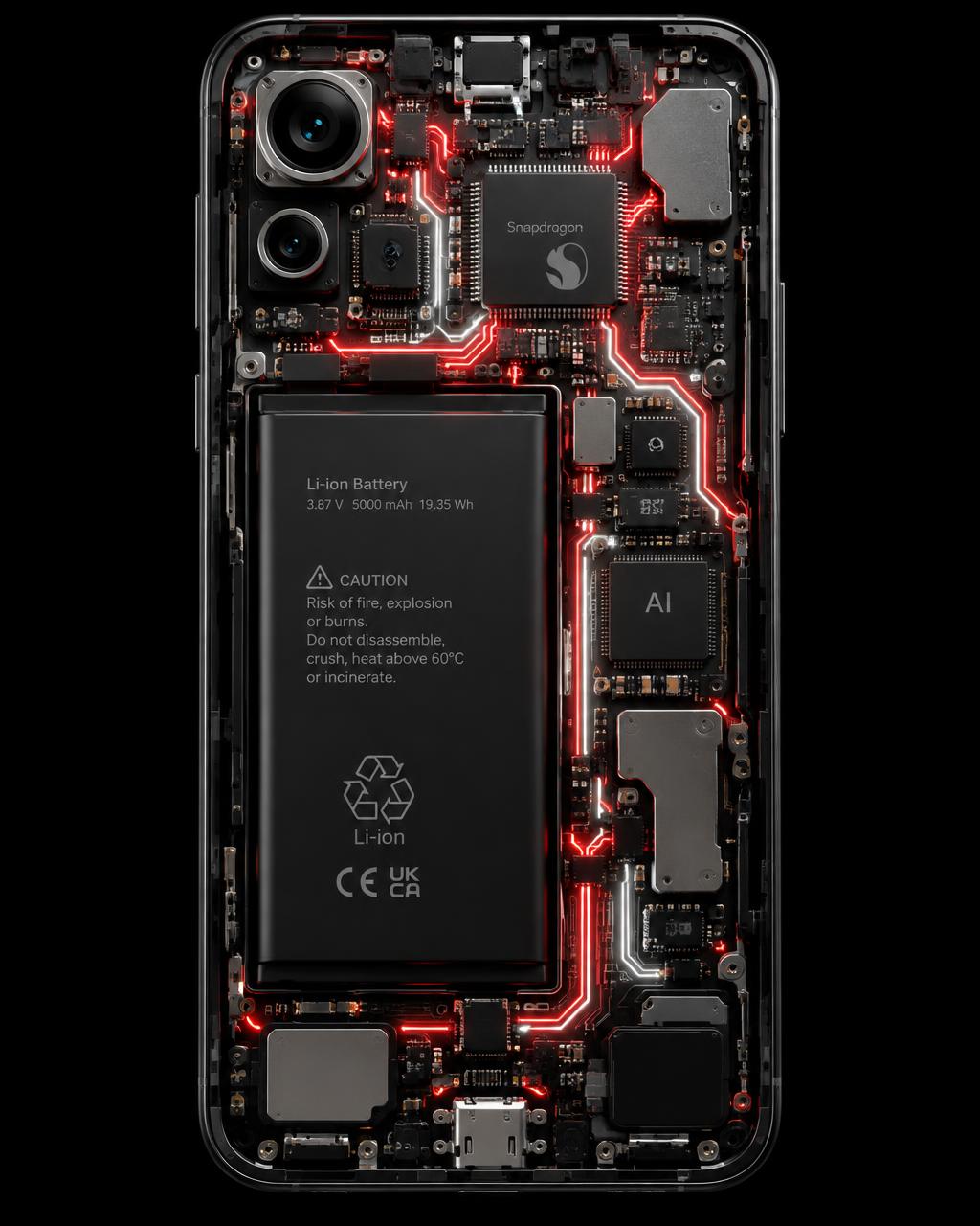 Geöffnetes Smartphone mit sichtbaren Komponenten